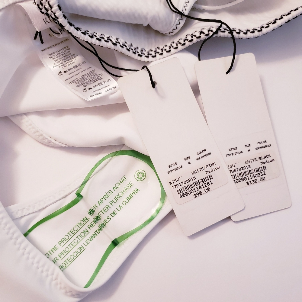 $220 NWT KISUII Women's Black White Bikini Top Bottom M L Knit Smoked 2 PC SET - Picture 6 of 11